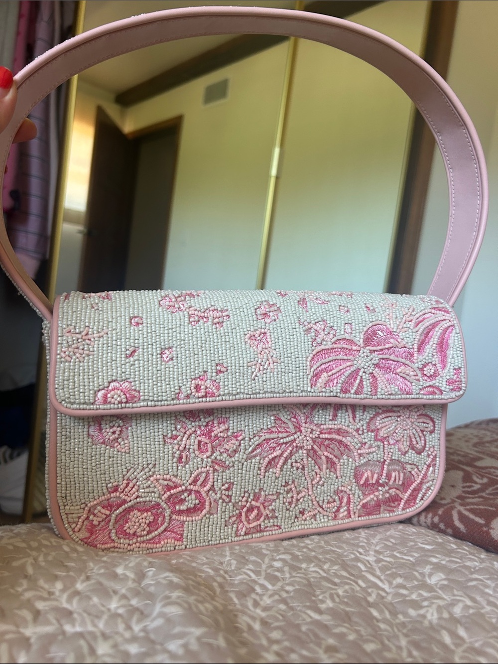 STAUD Pink and Cream Beaded Floral Shoulder Bag